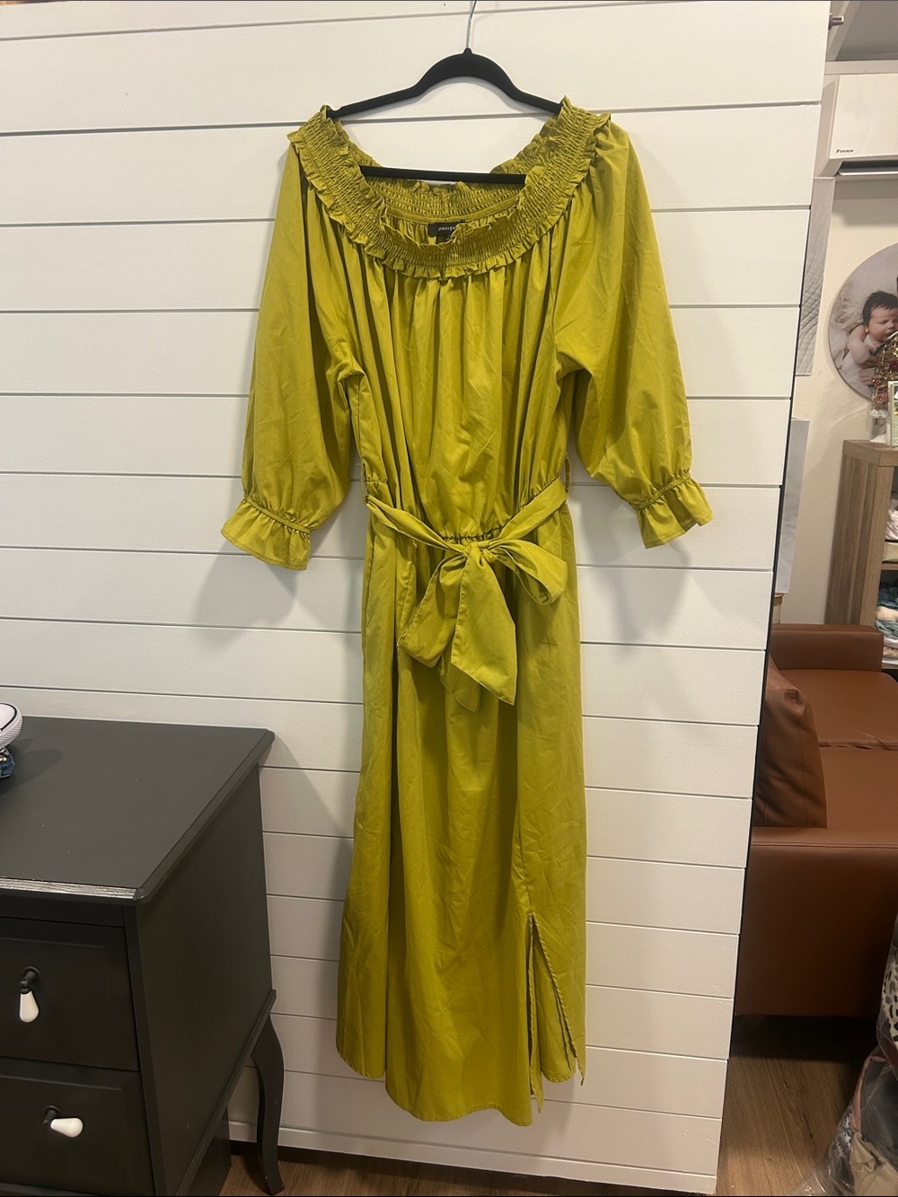 Ashley Stewart Lime Green Off-Shoulder Maxi Dress with Waist Tie